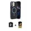ieg™ iPhone 11 Kılıf Eksen Çizgi - Siyah Buffer Cam Ekran Koruyucu + PVD Metal Kamera Lens - SH