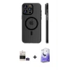 ieg™ iPhone 14 Pro Max Kılıf Pusula Minimal Koleksiyonu - Siyah Bilvis 5in1 5D Magic Hayalet Cam Ekran Koruyucu + Bilvis Titan Kamera Lens - GS