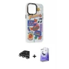 ieg™ iPhone 14 Pro Max Kılıf Siluet Çizgi Koleksiyonu - Siyah Bilvis 5in1 5D Magic Hayalet Cam Ekran Koruyucu + Raze Metal Kamera Lens - GS