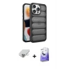 ieg™ iPhone 14 Pro Max Kılıf Yadigar Doku Özel Seri - Siyah Bilvis 5in1 5D Magic Hayalet Cam Ekran Koruyucu + Band Metal Kamera Lens - GD