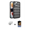 ieg™ iPhone 14 Pro Max Kılıf Yadigar Doku Özel Seri - Siyah Buffer Hayalet Cam Ekran Koruyucu + Band Metal Kamera Lens - GS