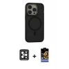 ieg™ iPhone 15 Pro Max Kılıf Ahenk Form Serisi - Siyah Buffer Hayalet Cam Ekran Koruyucu + PVD Metal Kamera Lens - SH
