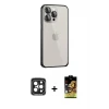 ieg™ iPhone 15 Pro Max Kılıf Eksen Form Serisi - Siyah Buffer Cam Ekran Koruyucu + PVD Metal Kamera Lens - SH