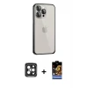 ieg™ iPhone 15 Pro Max Kılıf Eksen Form Serisi - Siyah Buffer Hayalet Cam Ekran Koruyucu + PVD Metal Kamera Lens - SH