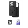 ieg™ iPhone 15 Pro Max Kılıf Pusula Işık Koleksiyonu - Siyah Bilvis 5in1 5D Magic Hayalet Cam Ekran Koruyucu + PVD Metal Kamera Lens - LT
