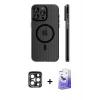 ieg™ iPhone 15 Pro Max Kılıf Pusula Minimal Koleksiyonu - Siyah Bilvis 5in1 5D Magic Hayalet Cam Ekran Koruyucu + PVD Metal Kamera Lens - LT