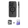 ieg™ iPhone 15 Pro Max Kılıf Pusula Minimal Koleksiyonu - Siyah Bilvis 5in1 5D Magic Hayalet Cam Ekran Koruyucu + PVD Metal Kamera Lens - LT