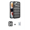 ieg™ iPhone 15 Pro Max Kılıf Yadigar Doku Özel Seri - Siyah Bilvis 0.18mm Plus Cam Ekran Koruyucu + PVD Metal Kamera Lens - LT