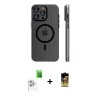 ieg™ iPhone 16 Pro Max Kılıf Pusula Minimal Koleksiyonu - Siyah Buffer Cam Ekran Koruyucu + Raze Metal Kamera Lens - BZ