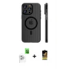 ieg™ iPhone 16 Pro Max Kılıf Pusula Minimal Koleksiyonu - Siyah Buffer Cam Ekran Koruyucu + Raze Metal Kamera Lens - BZ