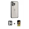 iPhone 15 Pro Max Kılıf Eksen Form Serisi - Siyah Buffer Cam Ekran Koruyucu + PVD Metal Kamera Lens - GS