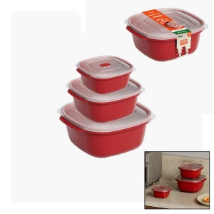 3 Pcs Kırmızı Kare Saklama Kabı Set 550-1100-2200ml