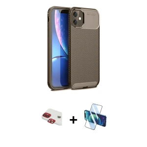 ieg™ iPhone 11 Kılıf Eksen Form Prime - Siyah 3D Antistatik Cam Ekran Koruyucu + Pers Alüminyum Kamera Lens - KI
