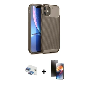 ieg™ iPhone 11 Kılıf Eksen Form Prime - Siyah 3D Antistatik Mat Seramik Nano Ekran Koruyucu + Pers Alüminyum Kamera Lens - GI
