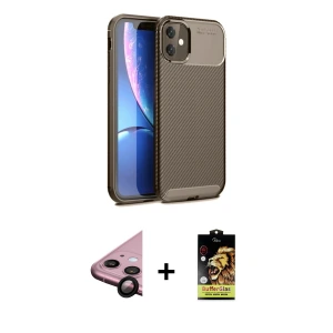 ieg™ iPhone 11 Kılıf Eksen Form Prime - Siyah Buffer Cam Ekran Koruyucu + Raze Metal Kamera Lens - SH