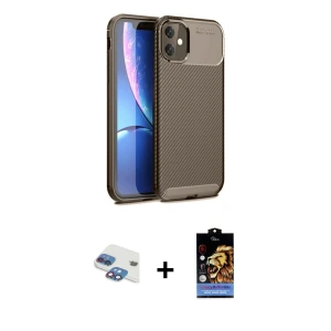 ieg™ iPhone 11 Kılıf Eksen Form Prime - Siyah Buffer Hayalet Cam Ekran Koruyucu + Pers Alüminyum Kamera Lens - GI