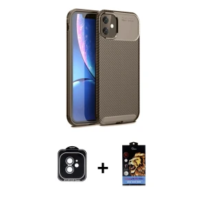 ieg™ iPhone 11 Kılıf Eksen Form Prime - Siyah Buffer Hayalet Cam Ekran Koruyucu + PVD Metal Kamera Lens - YL