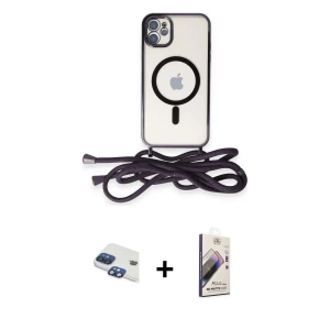 ieg™ iPhone 11 Kılıf Eksen Özel Seri - Siyah Bilvis 3D Mat Cam Ekran Koruyucu + Pers Alüminyum Kamera Lens - LT