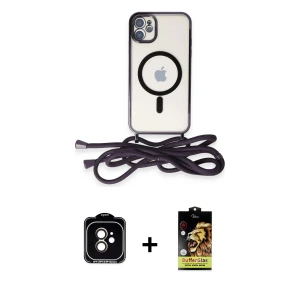 ieg™ iPhone 11 Kılıf Eksen Özel Seri - Siyah Buffer Cam Ekran Koruyucu + PVD Metal Kamera Lens - TU