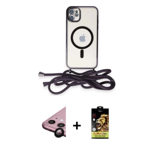 ieg™ iPhone 11 Kılıf Eksen Özel Seri - Siyah Buffer Cam Ekran Koruyucu + Raze Metal Kamera Lens - SH