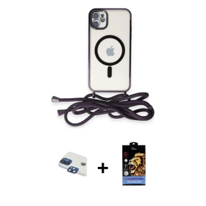 ieg™ iPhone 11 Kılıf Eksen Özel Seri - Siyah Buffer Hayalet Cam Ekran Koruyucu + Pers Alüminyum Kamera Lens - LT