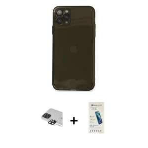 ieg™ iPhone 11 Pro Max Kılıf Ahenk Doku - Şeffaf Pasifik Cam Ekran Koruyucu + Pers Alüminyum Kamera Lens - SH