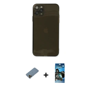 ieg™ iPhone 11 Pro Max Kılıf Ahenk Doku - Siyah 34D Izgaralı Cam + Shine Kamera Lens Koruma Cam - GD