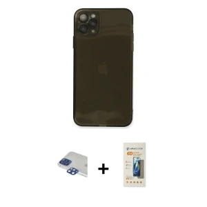 ieg™ iPhone 11 Pro Max Kılıf Ahenk Doku - Siyah 6D Mat Seramik Hayalet Nano Ekran Koruyucu + Pers Alüminyum Kamera Lens - LT