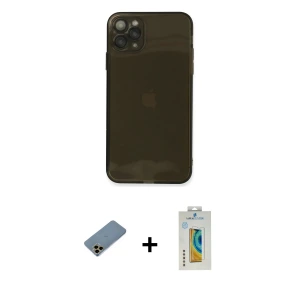 ieg™ iPhone 11 Pro Max Kılıf Ahenk Doku - Siyah Polymer Nano Ekran Koruyucu + Shine Kamera Lens Koruma Cam - GD