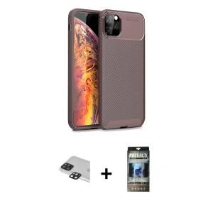 ieg™ iPhone 11 Pro Max Kılıf Eksen Form Prime - Siyah 34D Hayalet Izgaralı Cam + Pers Alüminyum Kamera Lens - SH