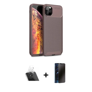 ieg™ iPhone 11 Pro Max Kılıf Eksen Form Prime - Siyah 3D Antistatik Hayalet Cam Ekran Koruyucu + Kamera Lens Koruma Cam - SF