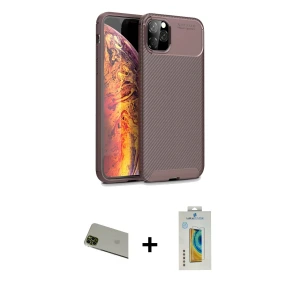 ieg™ iPhone 11 Pro Max Kılıf Eksen Form Prime - Siyah Polymer Nano Ekran Koruyucu + Rainbow Kamera Lens Koruma Cam - YL