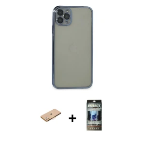 ieg™ iPhone 11 Pro Max Kılıf Vadi Minimal - Siyah 34D Hayalet Izgaralı Cam + Renkli Kamera Lens Koruma Cam - TU
