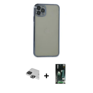 ieg™ iPhone 11 Pro Max Kılıf Vadi Minimal - Siyah 360 Mat Full Body Arka Koruyucu + Pers Alüminyum Kamera Lens - SH