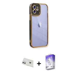 ieg™ iPhone 12 Kılıf Çekirdek Klasik Serisi - Siyah Bilvis 5in1 3D Magic Cam Ekran Koruyucu + Rainbow Kamera Lens Koruma Cam - MR