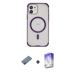 ieg™ iPhone 12 Kılıf Eksen Klasik Koleksiyonu - Siyah Bilvis 5in1 3D Magic Cam Ekran Koruyucu + Shine Kamera Lens Koruma Cam - PE