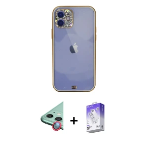 ieg™ iPhone 12 Kılıf Eksen Minimal Koleksiyonu - Siyah Bilvis 5in1 3D Magic Cam Ekran Koruyucu + Raze Metal Kamera Lens - KI