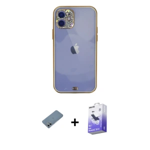 ieg™ iPhone 12 Kılıf Eksen Minimal Koleksiyonu - Siyah Bilvis 5in1 5D Magic Hayalet Cam Ekran Koruyucu + Shine Kamera Lens Koruma Cam - SABE