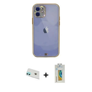 ieg™ iPhone 12 Kılıf Eksen Minimal Koleksiyonu - Siyah Polymer Nano Ekran Koruyucu + Rainbow Kamera Lens Koruma Cam - YL