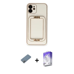ieg™ iPhone 12 Kılıf Kozmos Minimal Prime - Siyah Bilvis 5in1 3D Magic Cam Ekran Koruyucu + Shine Kamera Lens Koruma Cam - GI