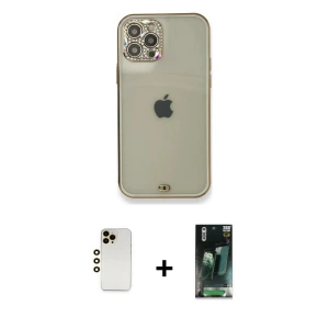 ieg™ iPhone 12 Pro Kılıf Eksen Minimal Koleksiyonu - Şeffaf 360 Full Body Arka Koruyucu + Shine Kamera Lens - GD