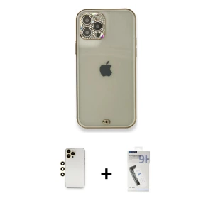 ieg™ iPhone 12 Pro Kılıf Eksen Minimal Koleksiyonu - Şeffaf Uv Polymer Nano Ekran Koruyucu + Shine Kamera Lens - GD