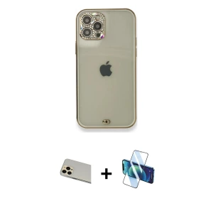 ieg™ iPhone 12 Pro Kılıf Eksen Minimal Koleksiyonu - Siyah 3D Antistatik Cam Ekran Koruyucu + Rainbow Kamera Lens Koruma Cam - GD