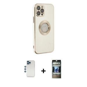 ieg™ iPhone 12 Pro Kılıf İz Form Serisi - Siyah 34D Hayalet Izgaralı Cam + Shine Kamera Lens - MI