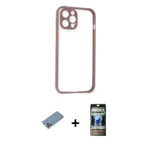 ieg™ iPhone 12 Pro Kılıf Nova Asil Özel Seri - Siyah 34D Hayalet Izgaralı Cam + Shine Kamera Lens Koruma Cam - PE