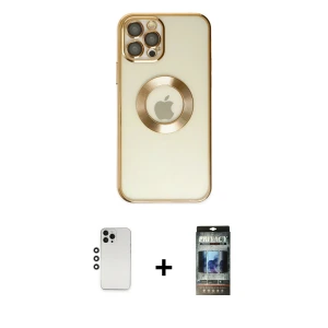 ieg™ iPhone 12 Pro Kılıf Pusula Form - Siyah 34D Hayalet Izgaralı Cam + Shine Kamera Lens - GS