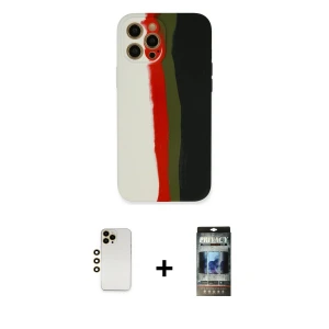 ieg™ iPhone 12 Pro Kılıf Yadigar Çizgi - Siyah 34D Hayalet Izgaralı Cam + Shine Kamera Lens - GD