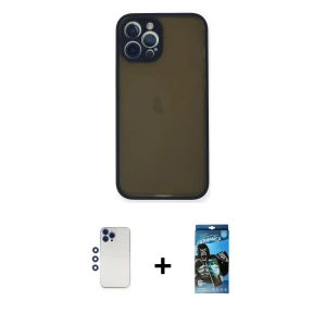 ieg™ iPhone 12 Pro Max Kılıf Ahenk Çizgi Serisi - Siyah 34D Izgaralı Cam + Shine Kamera Lens - LT