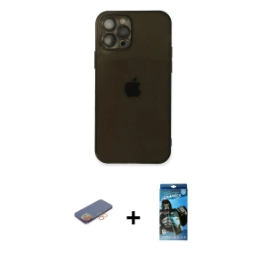ieg™ iPhone 12 Pro Max Kılıf Ahenk Doku - Siyah 34D Izgaralı Cam + Renkli Kamera Lens Koruma Cam - TU