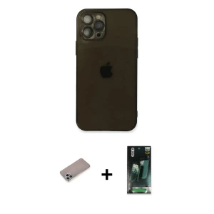 ieg™ iPhone 12 Pro Max Kılıf Ahenk Doku - Siyah 360 Mat Full Body Arka Koruyucu + Shine Kamera Lens Koruma Cam - SABE